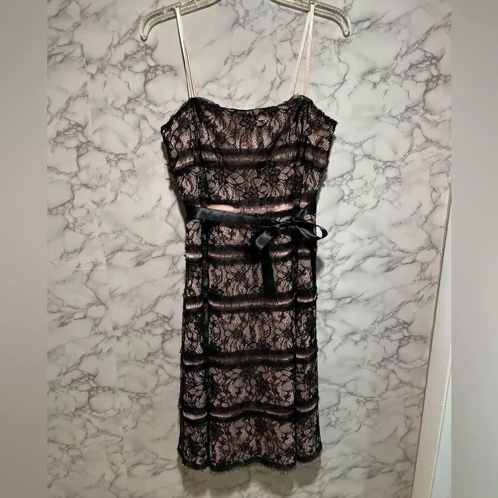 BCBG Maxariza Black Strapless Lace Dress with Pink Underlay Size 12P